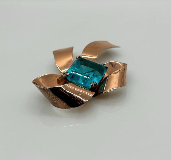 Vintage Sterling Bow Brooch with Large Square Aqua Blue Stone - Lamoree’s Vintage