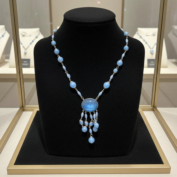 Antique Czechoslovakian Sky Blue Art Glass Drop Negligee Necklace
