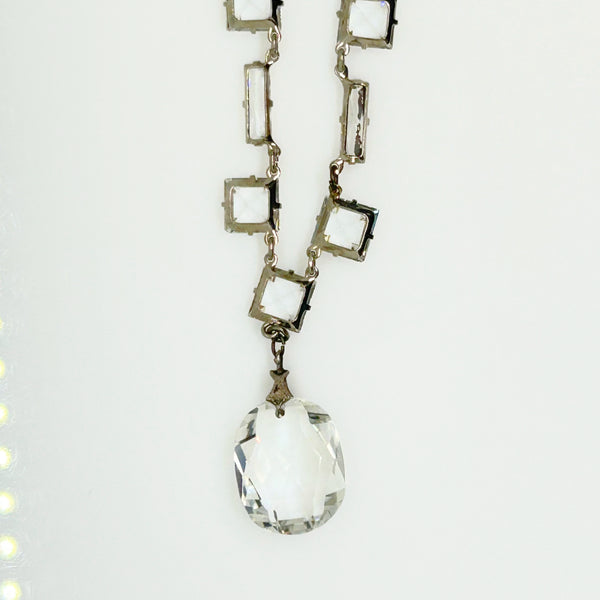 Antique Clear Crystal Sparkling Sterling Necklace with Glittering Drop
