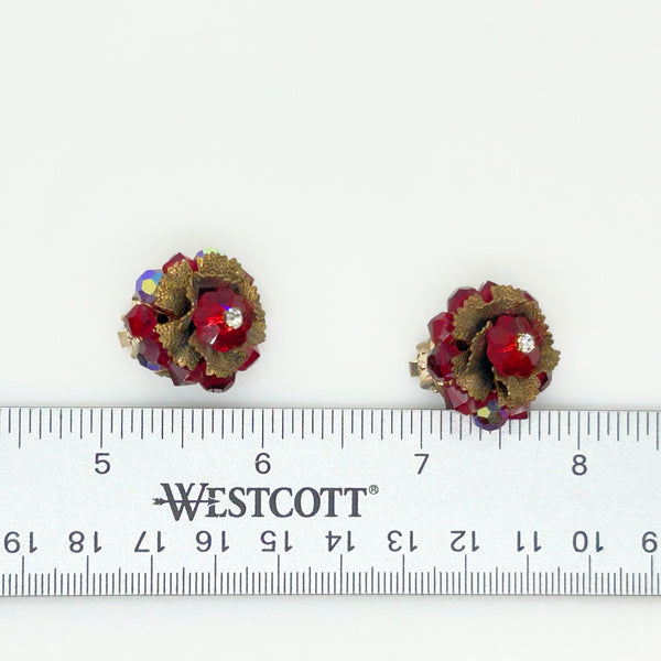 Unusual Vintage Red Faceted Red Stone Floral Brooch and Earring Set