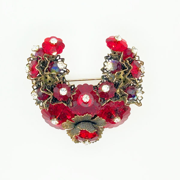 Unusual Vintage Red Faceted Red Stone Floral Brooch and Earring Set
