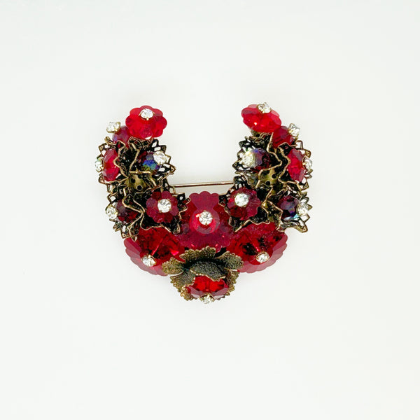 Unusual Vintage Red Faceted Red Stone Floral Brooch and Earring Set