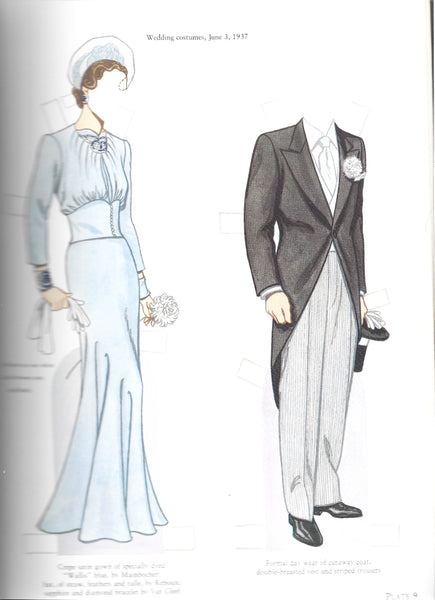 Illustration of a wedding gown and tuxedo from 1937.