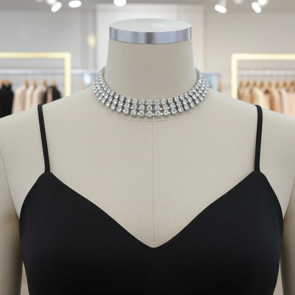 Classic Vintage Three Row Rhinestone Choker: Perfect for an evening out or formal event. Features three rows of radiant prong-set stones. Shop now!