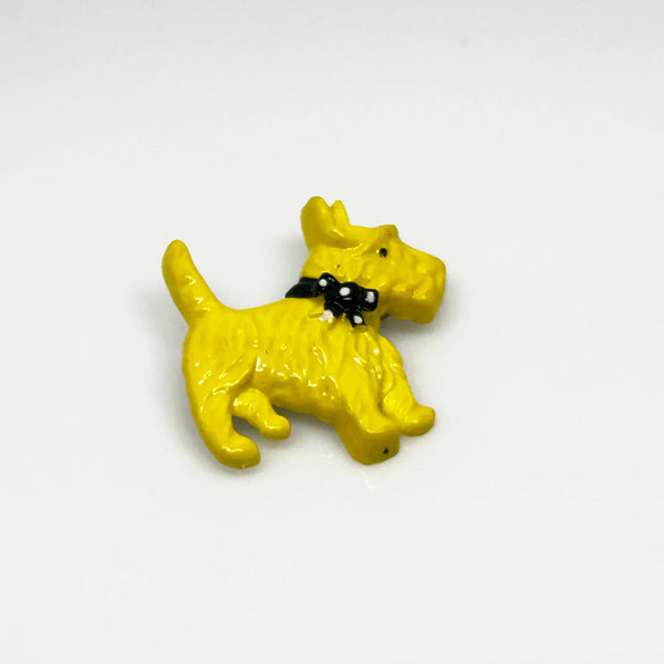 Yellow Scottie Dog with Polka Dot Bow Tie Vintage Celluloid Pin
