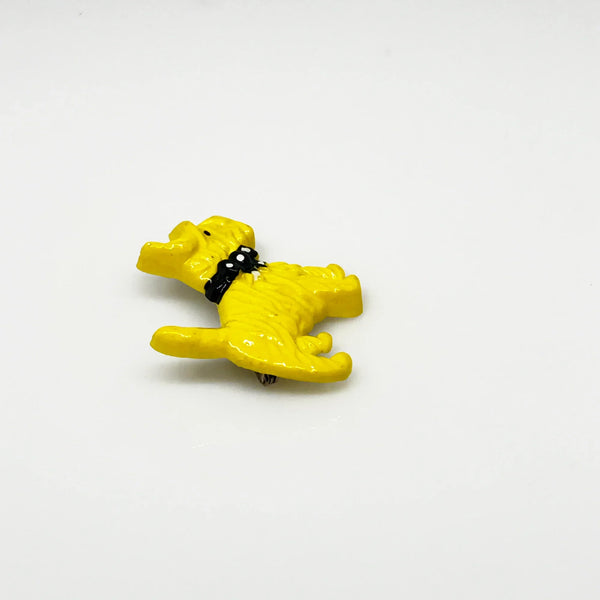Yellow Scottie Dog with Polka Dot Bow Tie Vintage Celluloid Pin