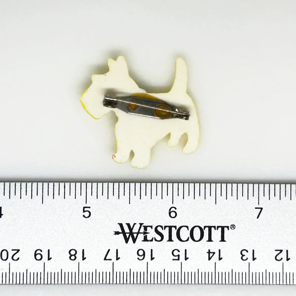 Yellow Scottie Dog with Polka Dot Bow Tie Vintage Celluloid Brooch Pin