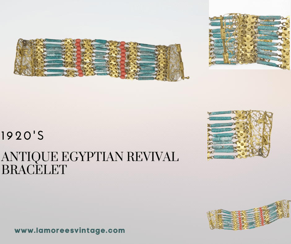 Antique 1920s Egyptian Revival Brass and Faience Bead Bracelet - Lamoree’s Vintage
