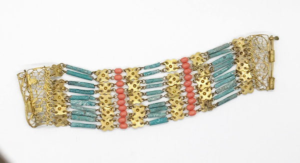 Antique 1920s Egyptian Revival Brass and Faience Bead Bracelet - Lamoree’s Vintage