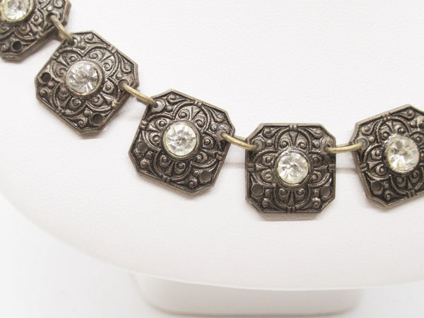 Antique Necklace Choker with Intricate Squares and Crystal Insets - Lamoree’s Vintage
