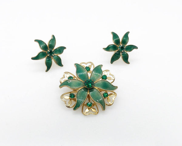 Beautiful Vintage Green Enamel and Rhinestone Brooch and Earrings Set - Lamoree’s Vintage