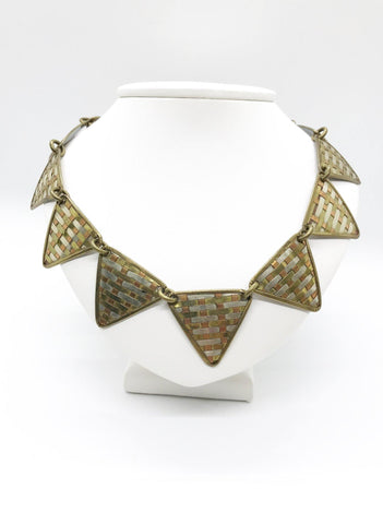Bold Tri-Tone Indian Geometric Weave Metal Necklace - Lamoree’s Vintage