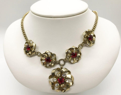 Charming Vintage Floral Necklace with Red Rhinestones - Lamoree’s Vintage