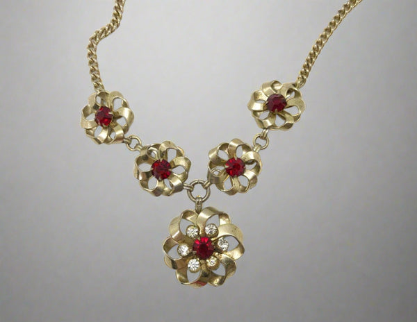 Charming Vintage Floral Necklace with Red Rhinestones - Lamoree’s Vintage