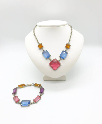 Colorful Pink, Blue and Golden Art Deco Crystal Necklace and Bracelet Set - Lamoree’s Vintage