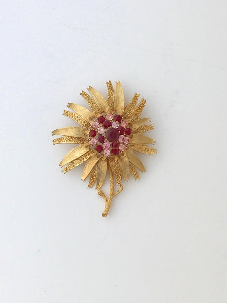 Coro Domed Floral Brooch with Pink and Purple Stones - Lamoree’s Vintage