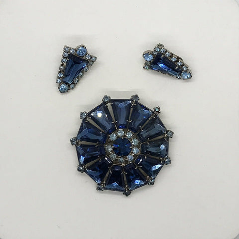 Deep Blue Domed Round Pinwheel Brooch and Earrings - Lamoree’s Vintage