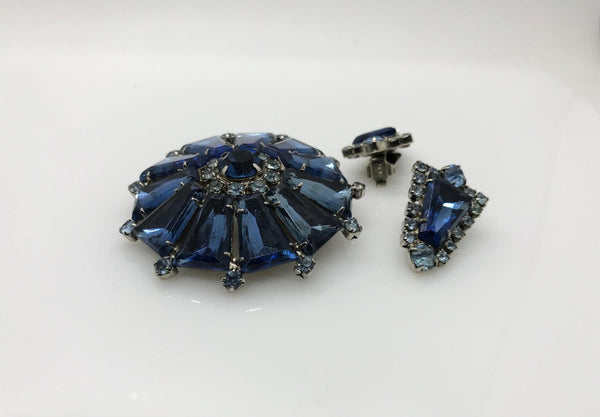 Deep Blue Domed Round Pinwheel Brooch and Earrings - Lamoree’s Vintage