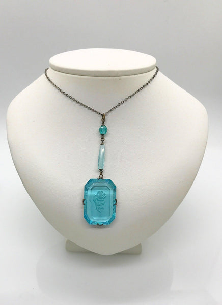 Edwardian Aqua Glass Lavalier Drop Necklace - Lamoree’s Vintage