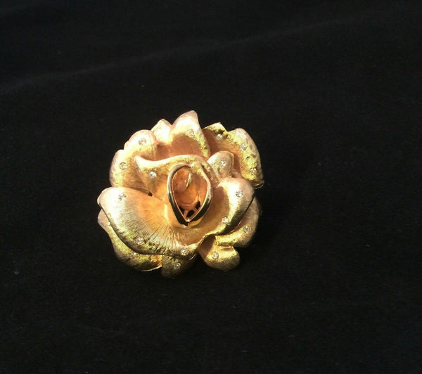 Elegant Vintage Gold Rose Brooch with Sparkling Accents - Lamoree’s Vintage