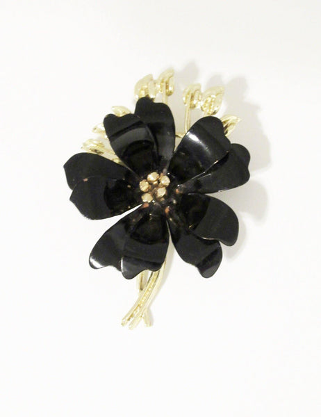 Enchanting Black Enamel and Gold Vintage Flower Brooch by Coro - Lamoree’s Vintage