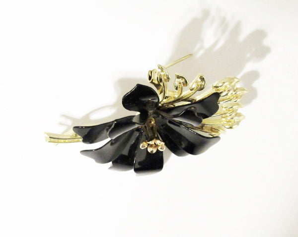 Enchanting Black Enamel and Gold Vintage Flower Brooch by Coro - Lamoree’s Vintage