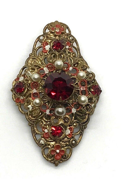 Exquisite Vintage Austrian Brooch with Filigree and Red Stones - Lamoree’s Vintage
