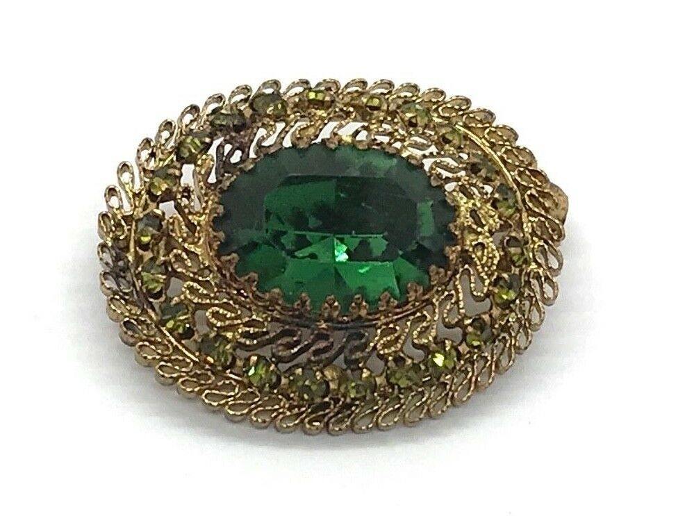 Fine Antique Filigree Austria Oval Brooch with Green Stones - Lamoree’s Vintage