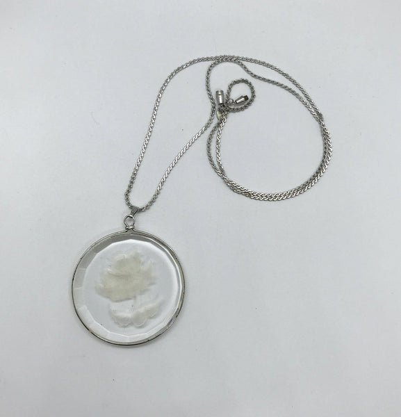 Hallmark Glass Necklace Etched Frosted Rose Pendant and Chain - Lamoree’s Vintage