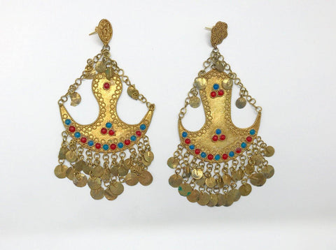 Huge Indian Drop Elaborate Metal and Enamel Earrings - Lamoree’s Vintage
