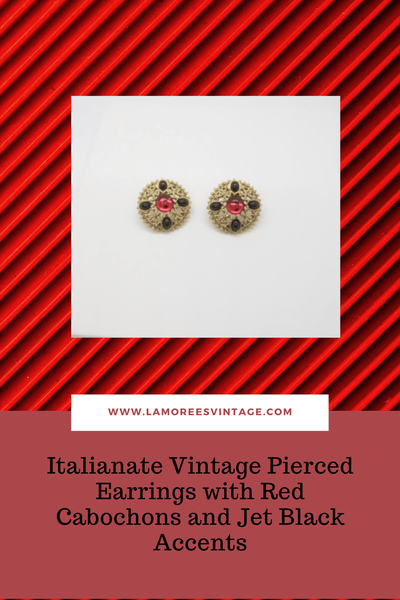 Italianate Vintage Pierced Earrings with Red Cabochons and Jet Accents - Lamoree’s Vintage