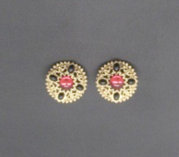 Italianate Vintage Pierced Earrings with Red Cabochons and Jet Accents - Lamoree’s Vintage