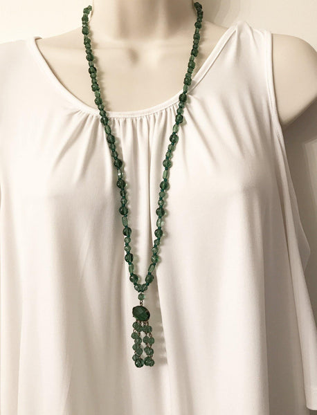 Lovely Long Deco Green Beaded Necklace with Drops - Lamoree’s Vintage