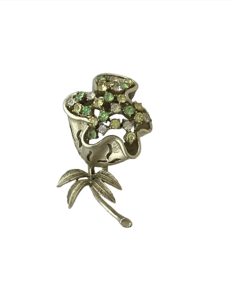 Outstanding Coro Silvery Floral Green Rhinestone Brooch - Lamoree’s Vintage