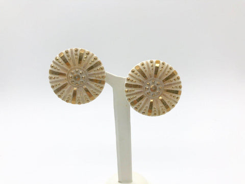 Round Cream Colored Vintage Deco Style Earrings with Coppery Accents - Lamoree’s Vintage