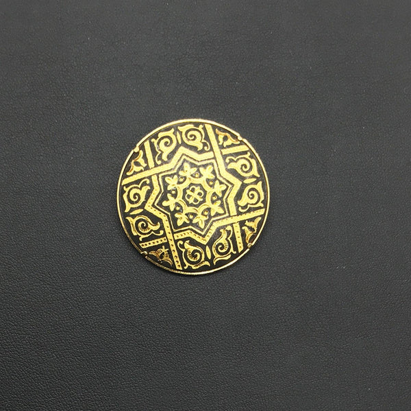Striking Black and Gold Geometric Vintage Round Damascene Brooch - Lamoree’s Vintage