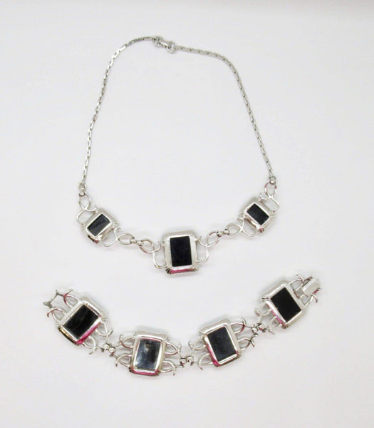 Striking Vintage Silver and Black Necklace and Bracelet Set - Lamoree’s Vintage