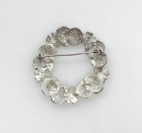 Textured Vintage Silver Wreath Brooch with Rhinestones - Lamoree’s Vintage