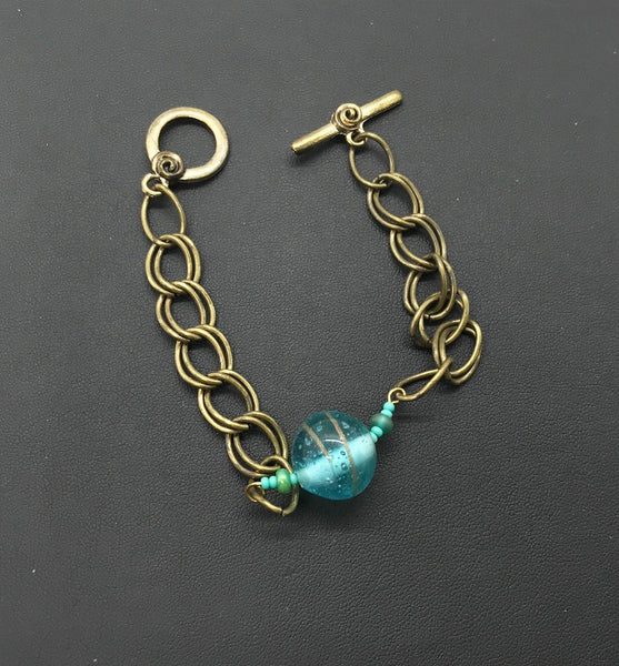 Unique Vintage Double Link Bracelet with Clear Aqua Blue Marble - Lamoree’s Vintage