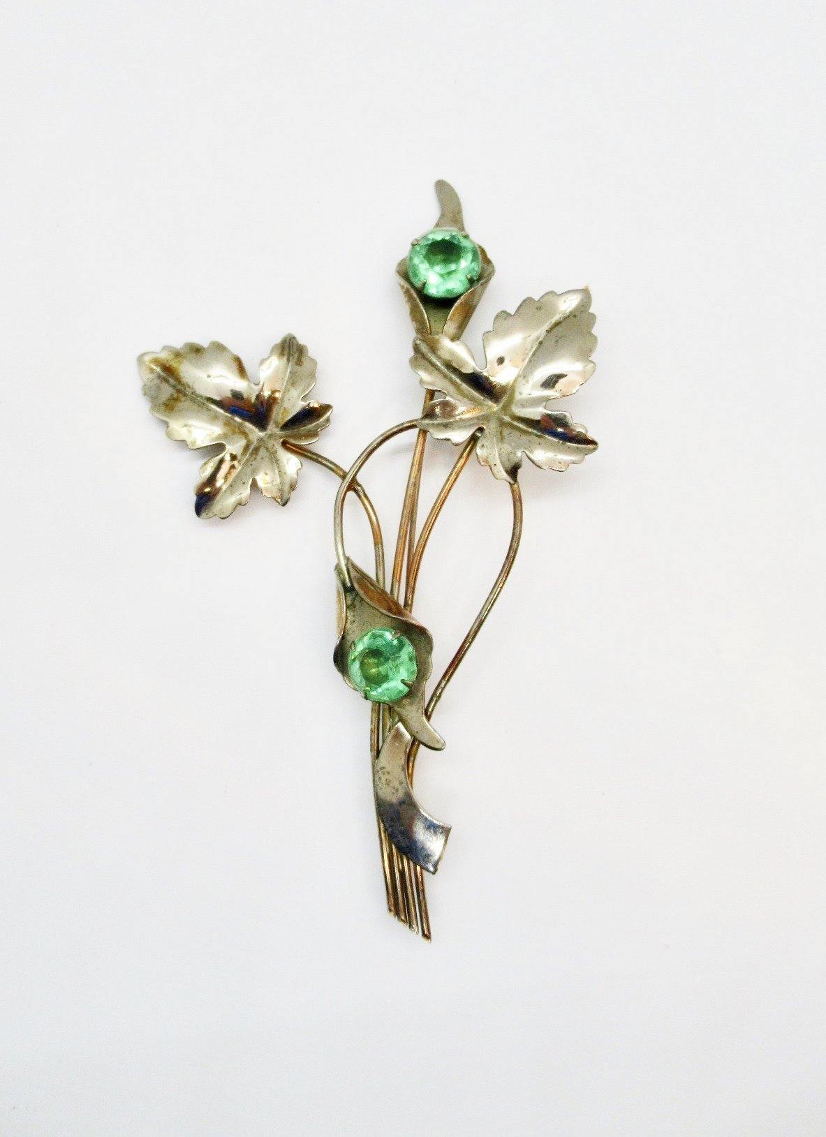 Vintage 4.25" Tall Leafy Floral Pin with Green Stones - Lamoree’s Vintage