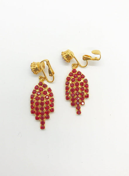 Vintage Art Deco Style Red Rhinestone Dangle Clip- On Earrings - Lamoree’s Vintage