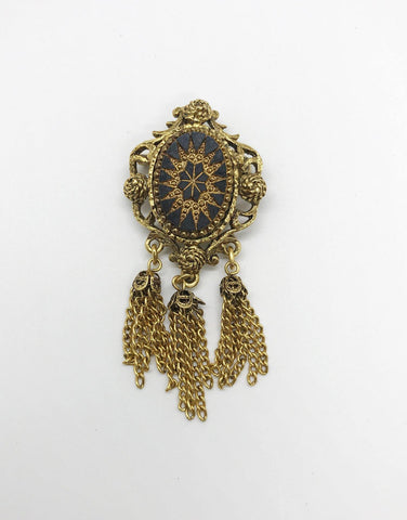 Vintage Black Mosaic and Gold Tassel Brooch/Pendant - Lamoree’s Vintage
