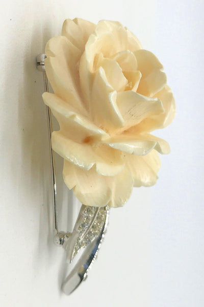 Vintage Boucher Carved Cream Resin Rose with Glittering Leaves Brooch 7833P - Lamoree’s Vintage