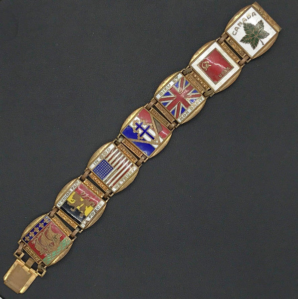Vintage Brass Panel Bracelet with International Flags and Mottos - Lamoree’s Vintage