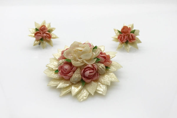 Vintage Carved White and Pink Rose Brooch with Earrings - Lamoree’s Vintage