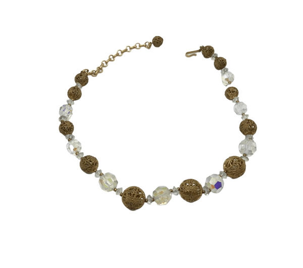 Vintage Choker with Gold Filigree and Aurora Borealis Beads - Lamoree’s Vintage
