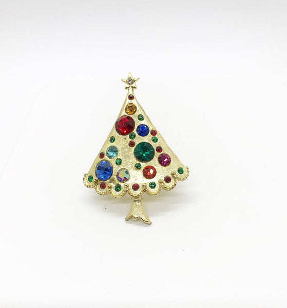 Vintage Christmas Tree Brooch with Colorful Round Stones - Lamoree’s Vintage