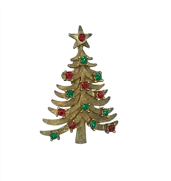 Vintage Christmas Tree Brooch with Green and Red Rhinestones - Lamoree’s Vintage