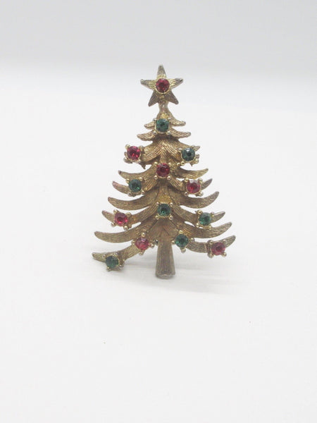 Vintage Christmas Tree Brooch with Green and Red Rhinestones - Lamoree’s Vintage