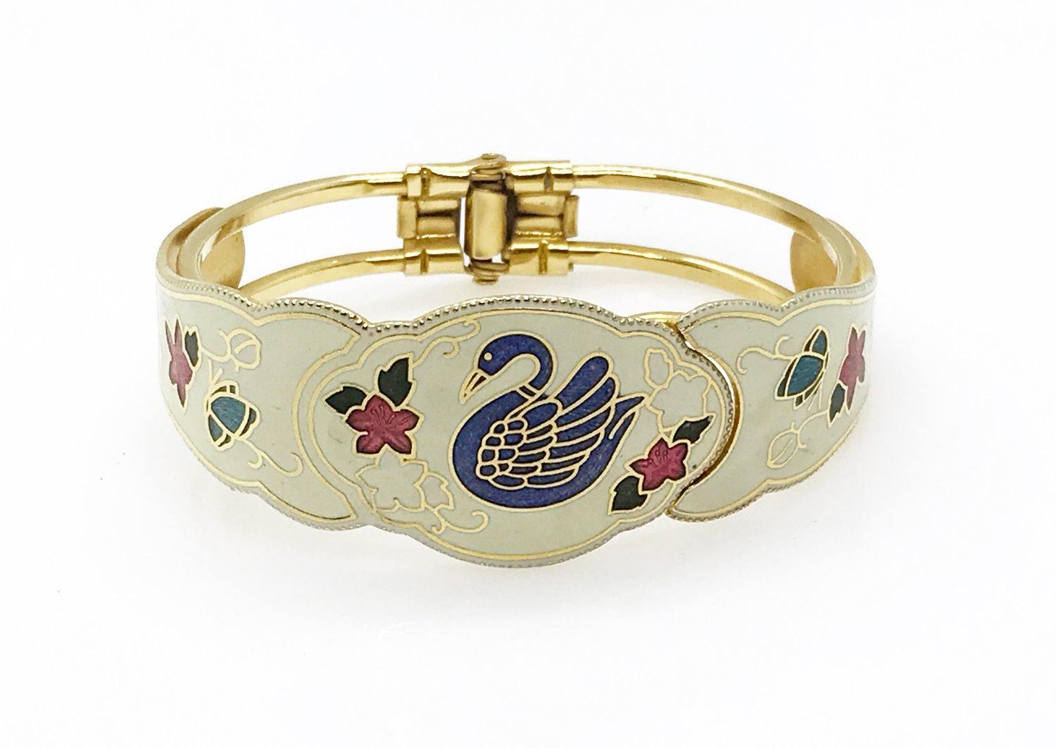 Vintage Cloisonne Hinged Clamper Bracelet with Swan - Lamoree’s Vintage